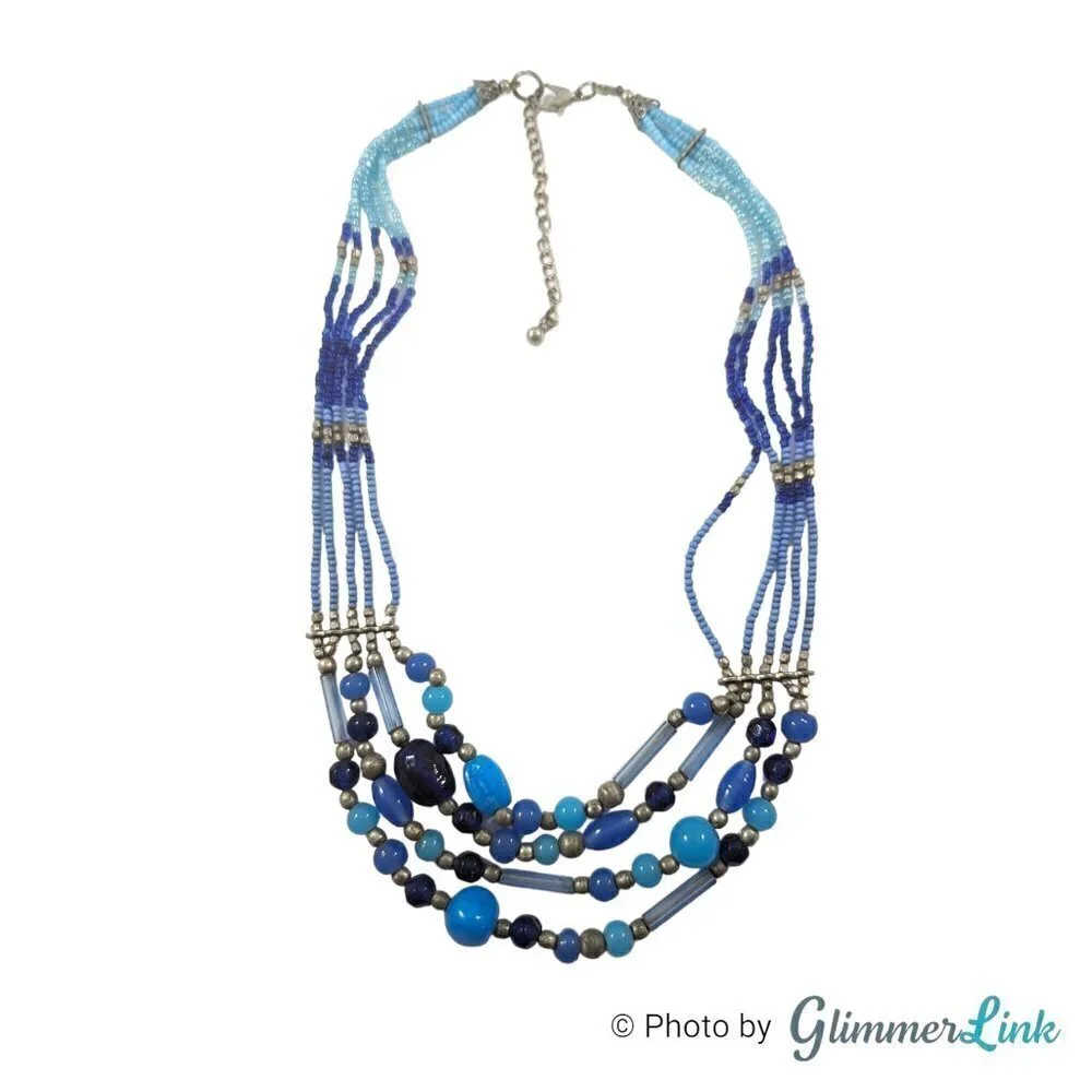 Boho Multi Strand Blue & Silver Tone Seed Bead Artsy Layered Necklace